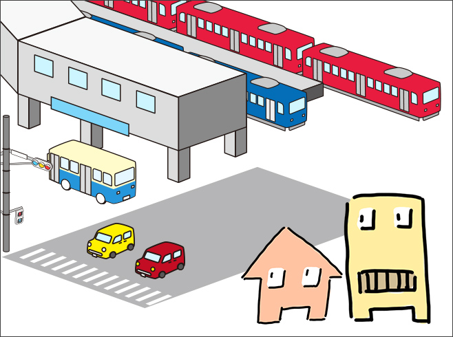 電車や地下鉄など、交通利便性の良い立地を表したイラスト